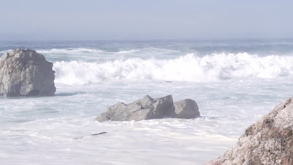 Big Ocean Waves Crashing on Beach Sea Foamy Water Splashing California Coast