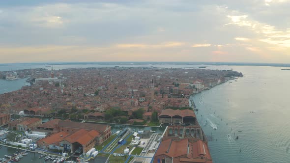 Aerial drone panoramic video of all Venice from drone at sunset