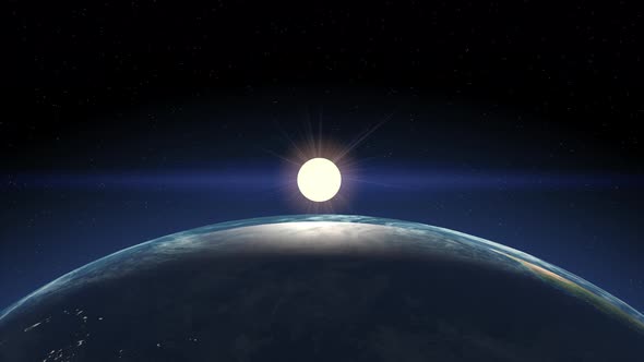Earth planet flight in space and sunrise