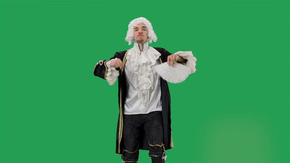 Portrait of Courtier Gentleman in Black Historical Vintage Suit and White Wig Dancing Merrily with a alt