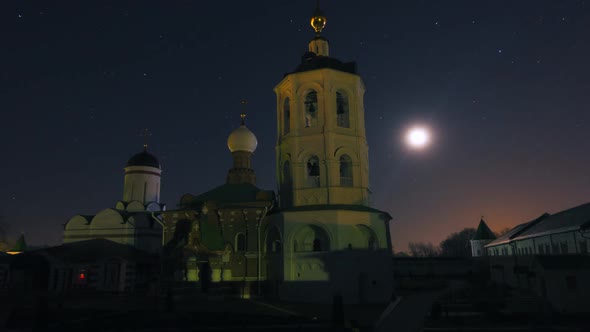 Ancient Russian Monastery at Night, Qualitative Time Lapse, No Flicker.