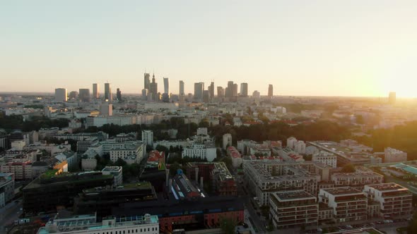 Establishing Aerial Panorama of Warsaw City Skyline  Capital of Poland Europe