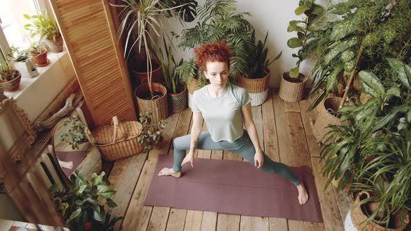 High Angle of Young Flexible Woman Doing Yoga on Fitness Mat alt