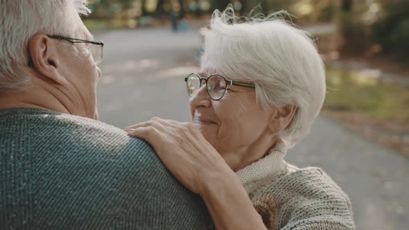 Happy Old Couple Hugging in Park. Senior Man Flirting with Elderly Woman. Autumn Day alt