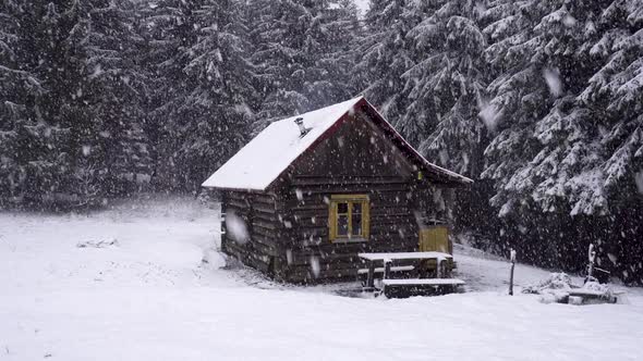 Snow Falling on Dark Mountain Forest and Log Cabin