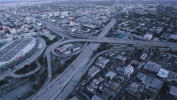 The Highway 10 and 110 intersection at dusk as seen from a helicopter