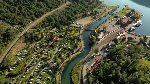 Aurlandsfjord Town Of Flam at Dawn, Aerial View of the Campsite To Relax alt