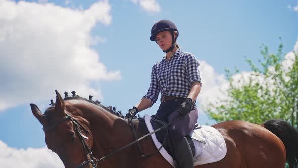 Female Jockey Wearing Helmet Riding On Her Dark Bay Horse  Cloudy Weather alt