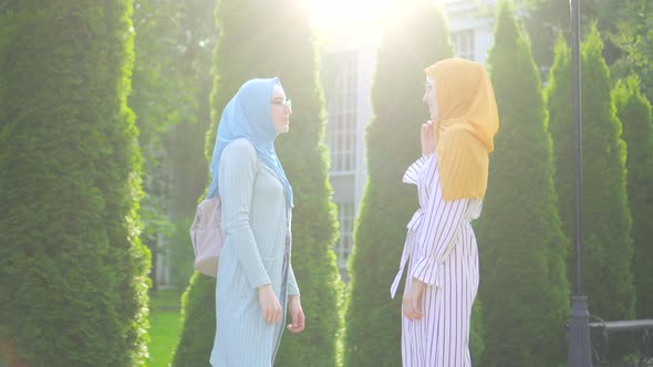 Two Young Hard of Hearing Muslim Women in Traditional Scarves and Glasses Communicate Using Sign alt