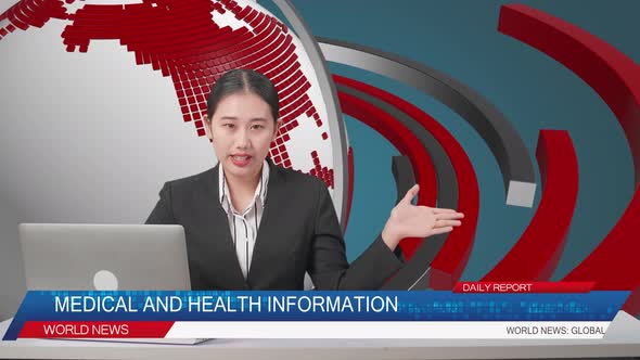 Live News Studio With Asian Female Anchor And Her Computer Pointing To Side While Reporting alt