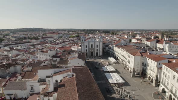 Praça do Giraldo public square and Santo Antão Church, Évora, Portugal. Aerial shot