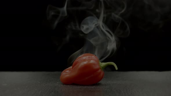 Habanero chili pepper with smoke effect on black background