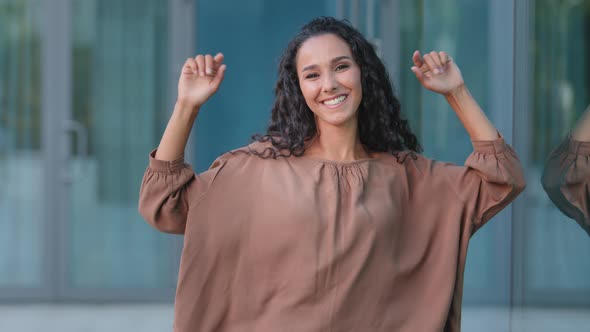 Hispanic Arabian Happy Dancing Girl Alone Party in City Young Woman Dances Enjoying Dance Moving alt