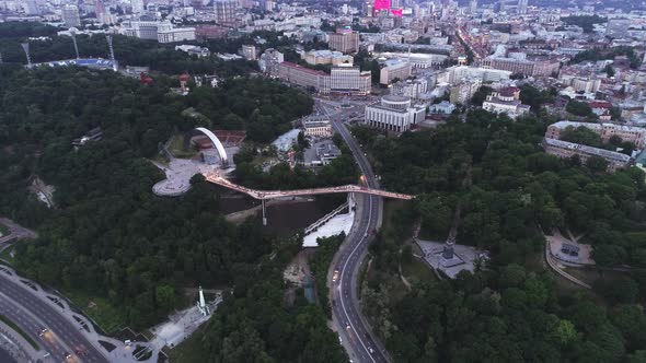 Aerial View of Pedestrian Glass Bridge in Kyiv Connecting Two Parks Volodymyrska Gorka and