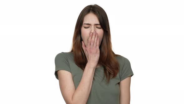 Portrait of Tired Sleepy Woman Yawning in Morning After Sleepless Night Isolated Over White alt