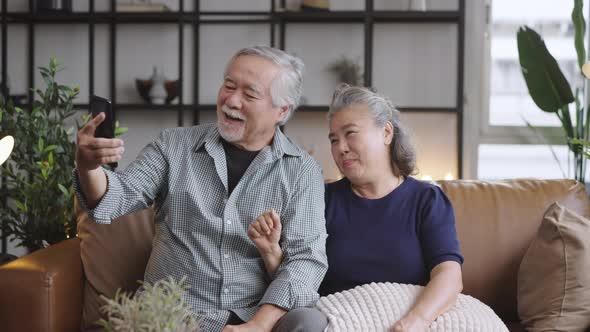 Asian mature senior couple look talk to smartphone camera at home. alt