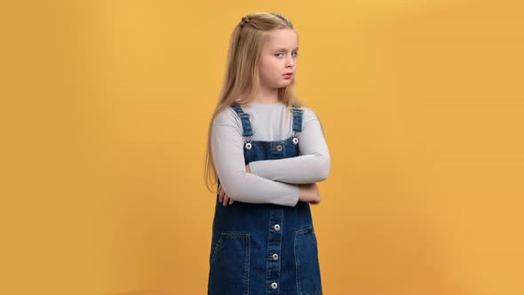 Offended Girl Showing No Not Dont Want Stop Palm Gesture Shaking Head Posing Isolated Orange Studio alt