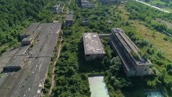 Factory Abandoned Viskoza Loznica Serbia Aerial Drone Shot Descending Toxic Chemical Pools