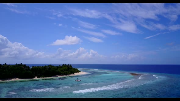 Aerial tourism of perfect island beach wildlife by aqua blue lagoon with white sand background of ad alt