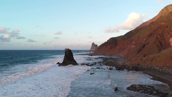 Aerial View - the Wild Ocean and the Coast of the Island at Sunset in Benijo Beach, Tenerife, Canary