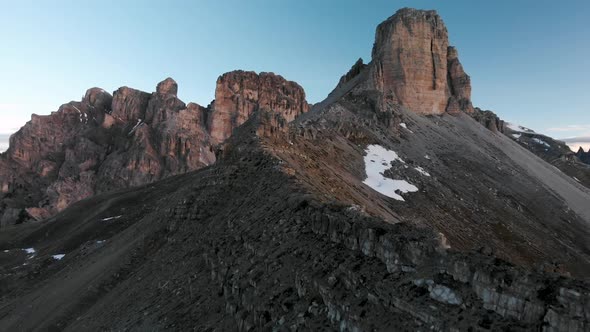 Drone Flying over Dolomites Mountains in Italy South Tyrol at Sunrise