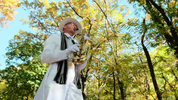 Elderly Man Plays Song with Saxophone in Autumn Park
