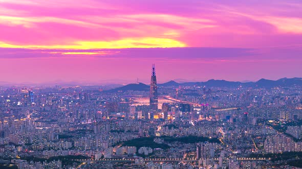 View of Seoul City Skyline and Seoul Tower at Sunset South Korea alt