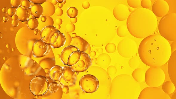 Super Slow Motion Shot of Moving Oil Bubbles on Golden Background at 1000Fps alt