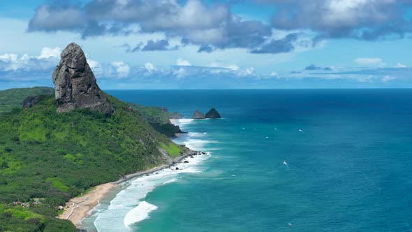 Seaside scenic vulcan mountain and beach at archipelago of Fernando de Noronha Brazil. Tropical isla alt