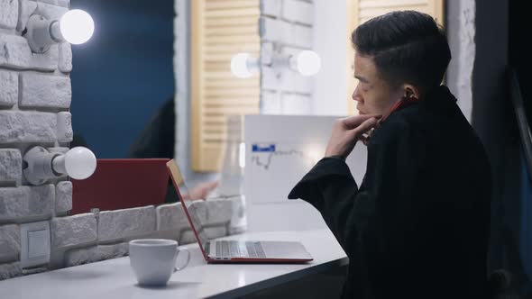 Busy Chinese Business Analysts Talking on Smartphone Surfing Internet on Laptop alt