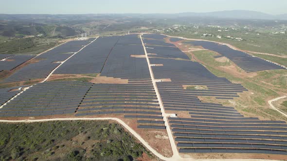 Huge solar photovoltaic farm in Lagos, Portugal. Aerial view of the solar panels,.