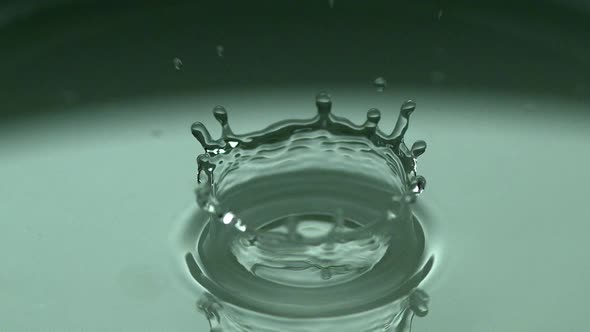 Drop of Water falling into Water against Green background, Slow motion