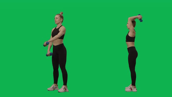 Young Woman in Sportswear Does Exercises with Dumbbells alt