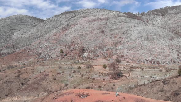Burnt mountains and forest after forest fire.  alt