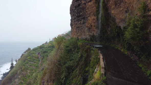 Drone View of Seashore Waterfall on Madeira