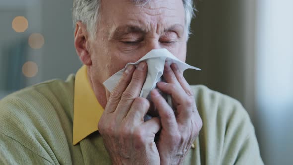 Old Caucasian 60s Man Sick Suffering Aged Mature Senior Ill 70s Male Patient Grandfather Sneezes alt