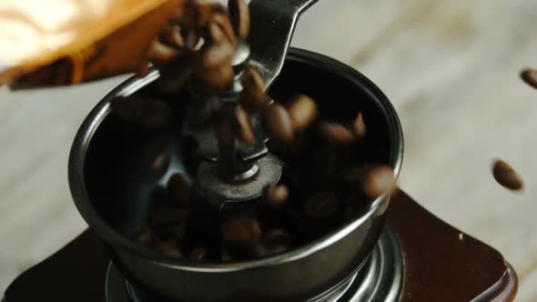 Seeds of Coffee Falling in Coffee Grinder. Rotating and Falling Coffee Beans