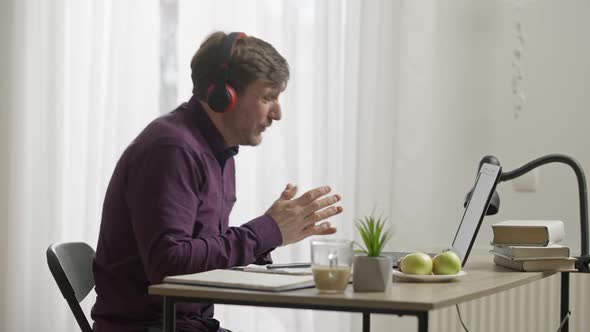 Side View of Shy Caucasian Man Persuading People in Virtual Conference alt