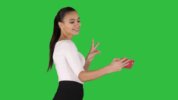 Young brunette taking selfie photo on smartphone smiling alt