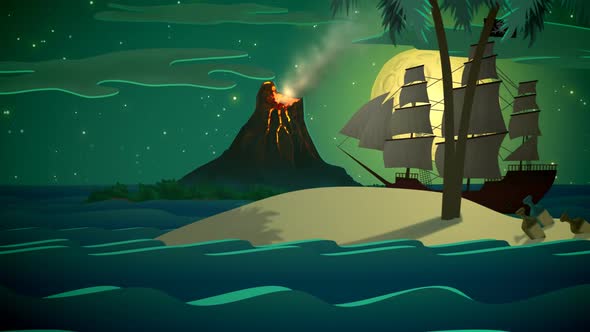 The pirate ship with white sails is swimming in front of the active volcano. alt