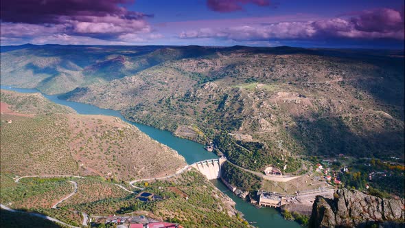 Clouds Over Mountain And Douro River, Portugal. Timelapse