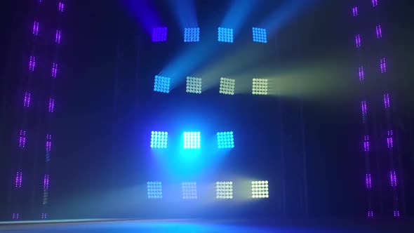 The Stage of a Small Theater with Red and Blue Spotlights. Lights Are Turned on From Darkness. alt