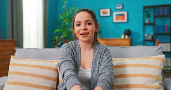 Happy Pretty Caucasian Teen Girl Smiling Face Waving Hand Talking to Webcam Make Video Call alt