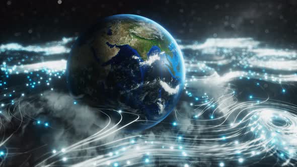 A Rotating Globe in Optical Fiber Clouds Transmitting Signals Throughout the Universe in Space. The alt