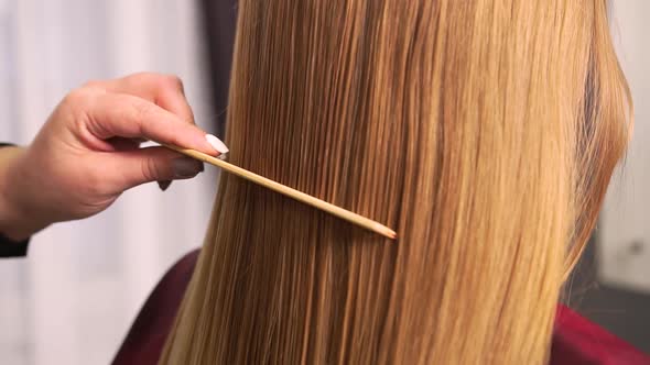 The Hairdresser Slowly Combs the Client Straight Hair with a Comb