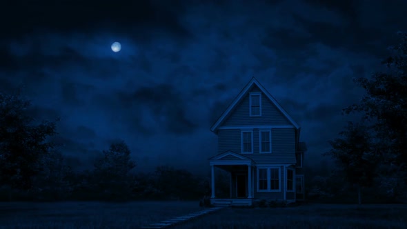House At Night With Trees And Lawn Catching Breeze alt