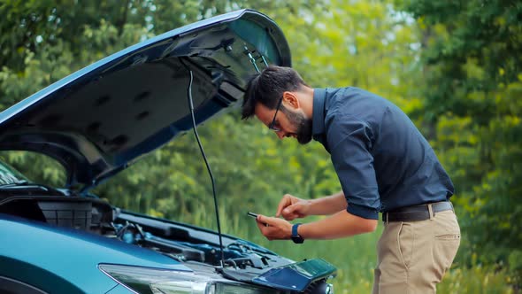 Man On Broken Car Accident. Vehicle Check Engine Oil Level. Car Engine Overheating. Open Hood Motor. alt