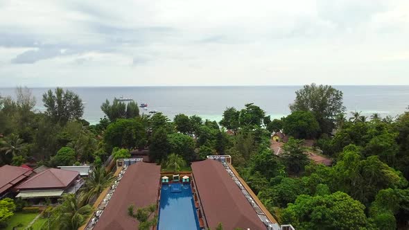 Aerial Drone View of Resort on Ko Lipe Island From High Point of Drone Fly alt