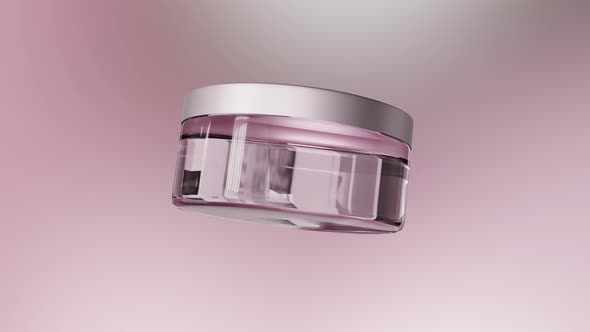 Glass cosmetic empty jar, lotion packaging,  Bottle rotates slowly in air. alt