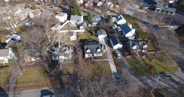 A slowly orbiting aerial view of a typical Ohio residential neighborhood. alt